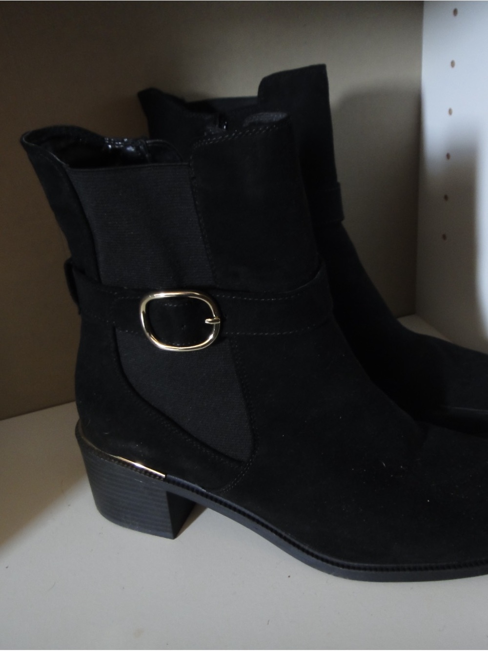 Rock & Candy Black Suede Ankle Booties with Gold Buckle